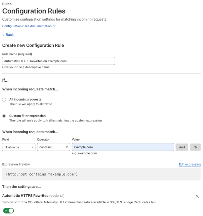 Configuration rule matching the ‘Automatic HTTPS Rewrites’ setting of the example Page Rule